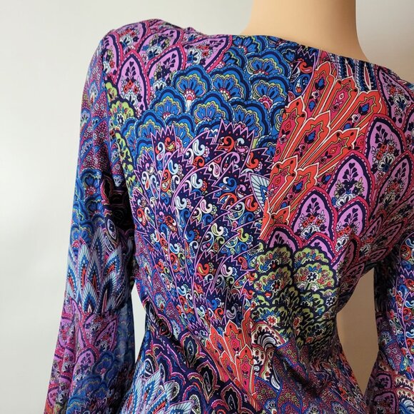 Bohemian/Retro Style Bell Sleeve Tunic Dress Multicolor Peacock Feather Print - Picture 10 of 16